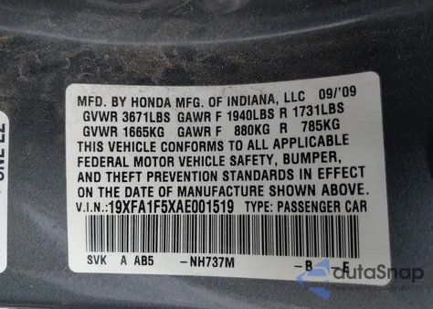 2010 Honda Civic Lx z USA, uszkodzony, nr VIN 19XFA1F5XAE001519